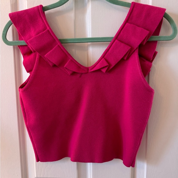 Antwelfth Bright Pink Knit Crop Top, XS, V Neck w Ruffle NWOT - Picture 2 of 4